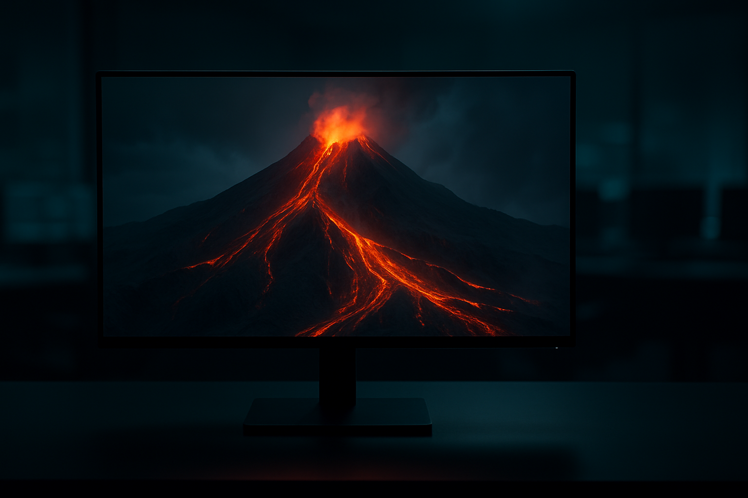 Widescreen monitor in a dark control room showing an erupting volcano with lava flows, representing a critical production failure.